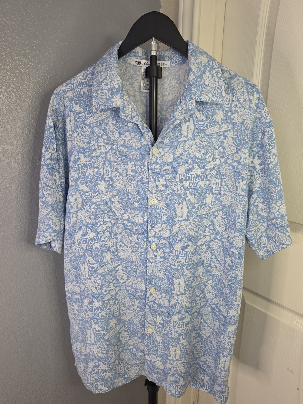 Disney Cruise Line Castaway Cay Rayon Hawaiian Shirt Blue Mickey Mouse Mens S/M